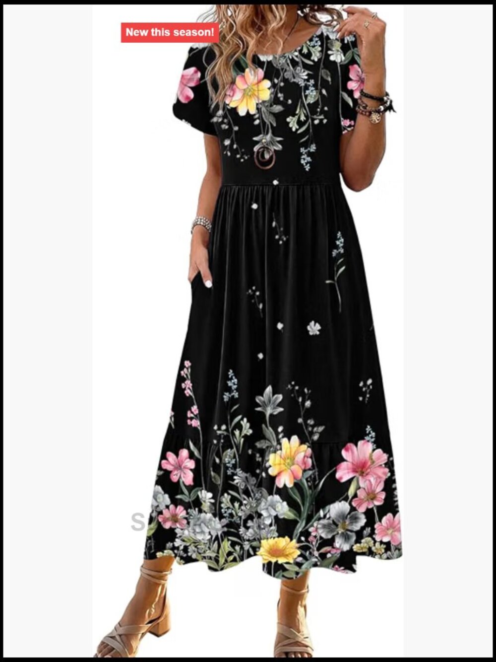 Tiered Midi A-Line Dress with Pockets Casual Beach Sundress
